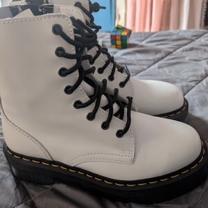 Dr. Martens White Lace-Up Platform Combat Boots with Black Laces